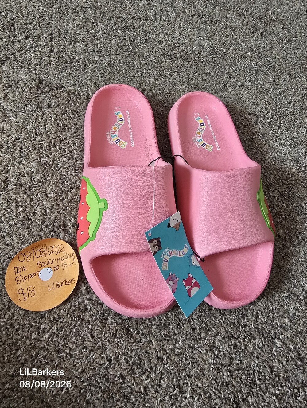 Squishmallow Pink Kids Slide Sandals with Strawberry Accent